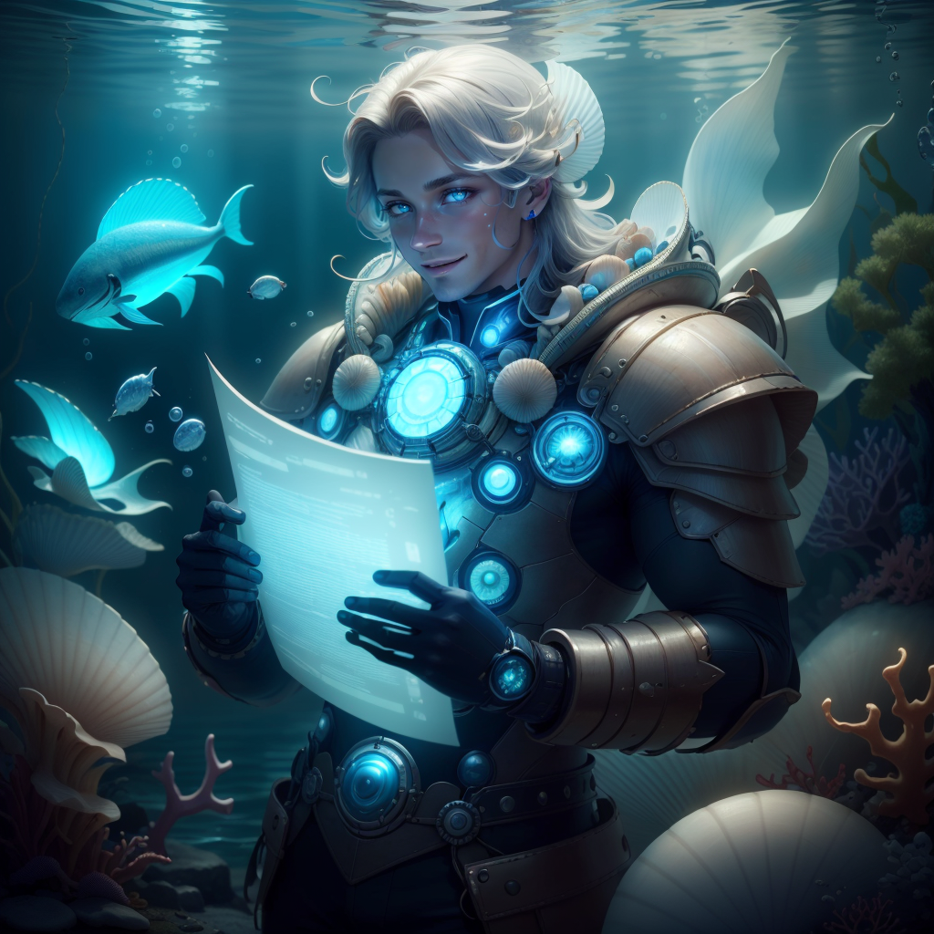 10192-13246-, atlantistech ,scifi, undersea,bioluminescent,shell,_scholar , scroll, 1boy,long hair, glowing eyes, smile ,closed mouth,man,.png